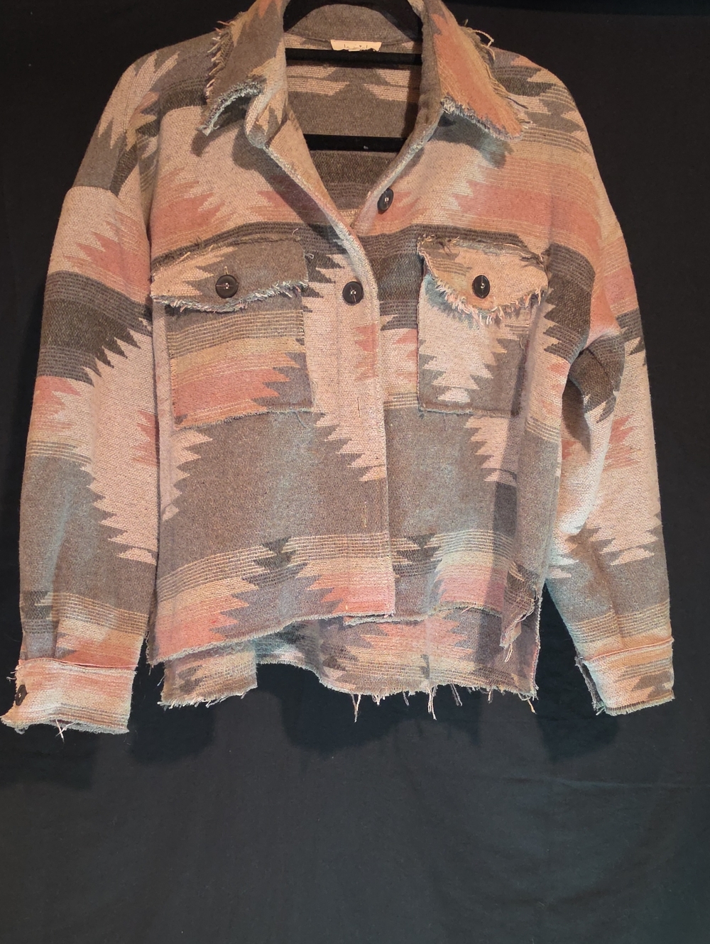 New Distressed Flannel Jacket Coat Shacket Button Up Top Gray Pink